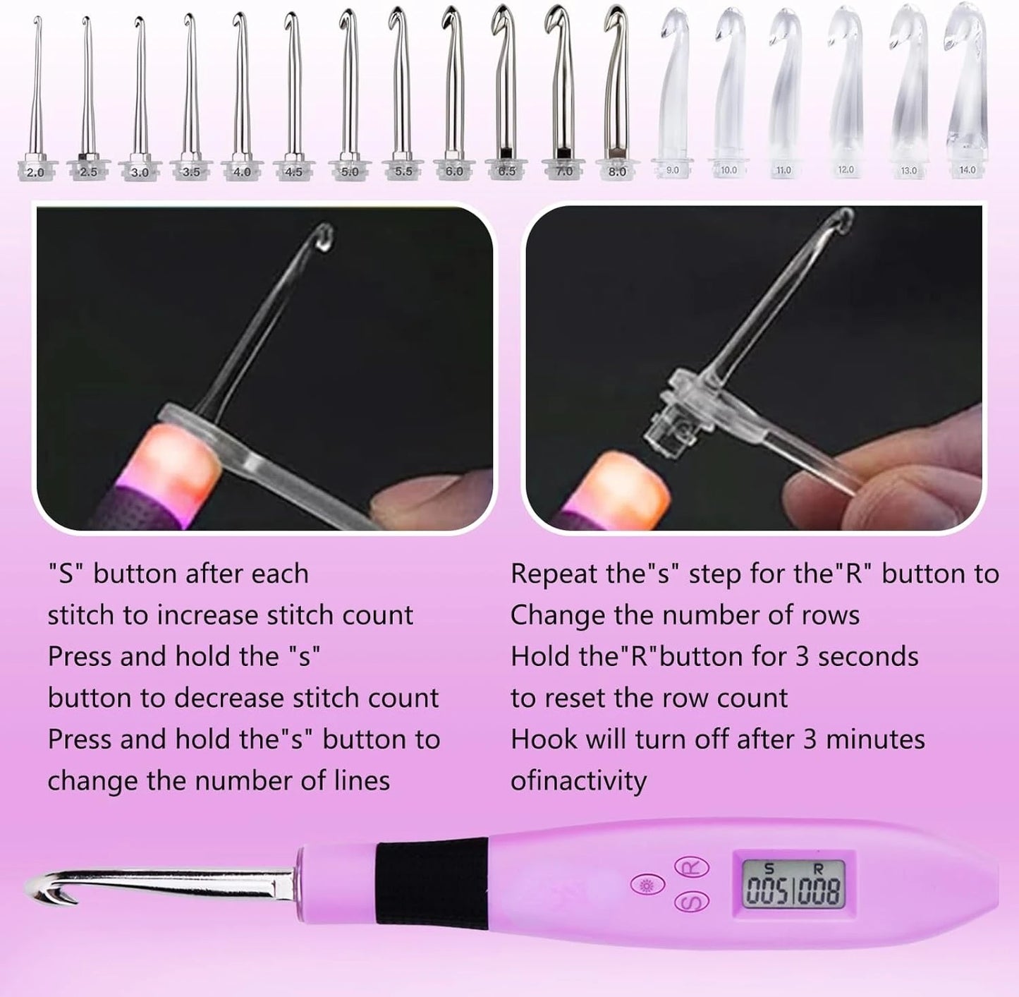 Counting Crochet hook Kit with 18 Different Size Interchangeable Crochet Needle, Light Up Crochet Hooks for Stitch &